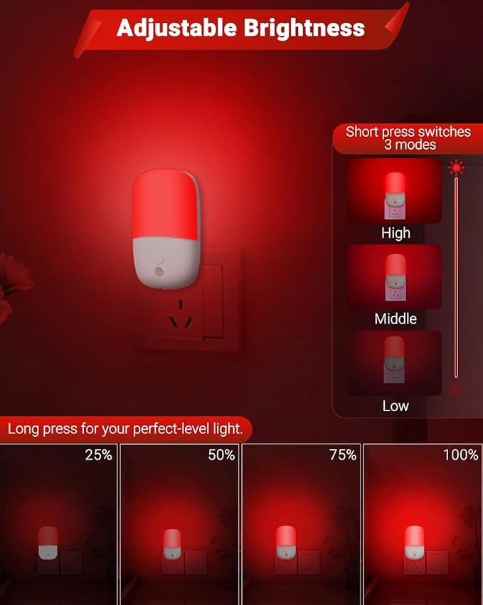 670nm Red Night Lights with Retractable Plug [4 Pack] - 0.5W Red Light Night Light with Dusk to Dawn Sensor - Auto On/Off LED Night Light Plug into Wall Pefect for Bedroom, Bathroom, Hallway