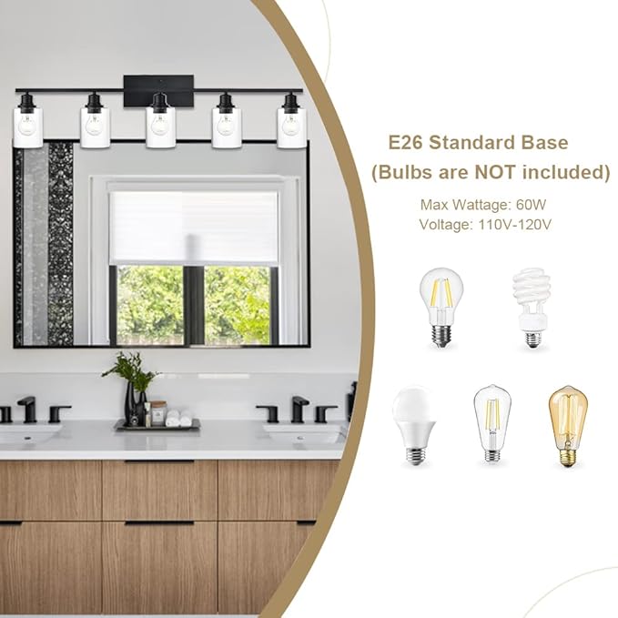 VINLUZ Bathroom Lighting Fixtures Over Mirror Matte Black,5-Lights Farmhouse Vanity Lights Wall Mount Light Fixture for Porch Workshop
