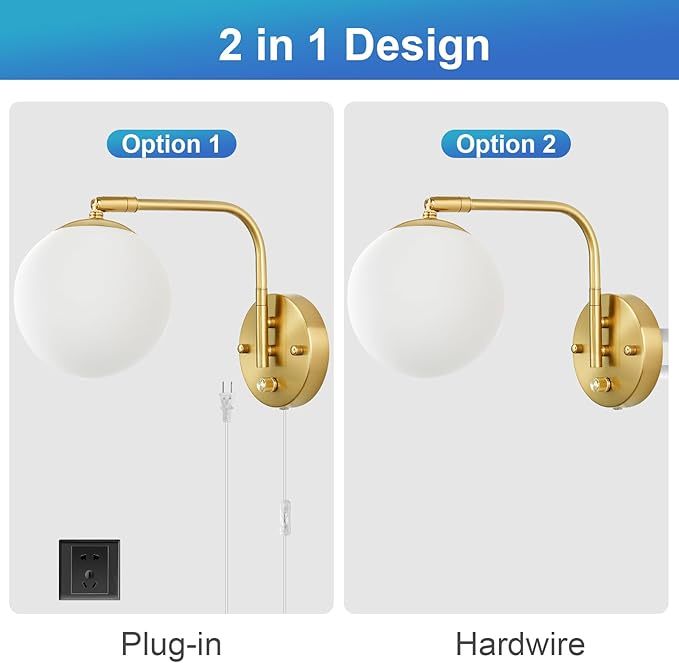 VATONI Dimmable Wall Sconces Plug in, Swing Arm Wall Lights with Plug in Cord and Dimmer On/Off Knob Switch, Dimmable Wall Light with Milky White Glass Globe Shade(2 Bulbs Included)