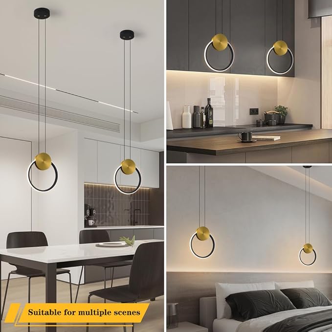 Modern LED Pendant Light Fixtures, Adjustable Height Circular Kitchen Island Light Set of 2, Small Black and Gold Hanging Pendant Light, RC Dimmable Pendant Lighting for Bedroom Entryway Hallway