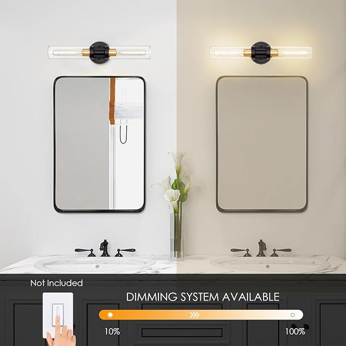 SANTOSTOCK Hardwired Wall Sconces Set of 2, Bathroom Sconces Vanity Light Fixture with Clear Glass, Black and Gold Farmhouse Wall Lights for Bathroom Mirror Living Room Hallway Kitchen