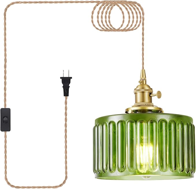 Plug in Pendant Light, Hanging Lights with Plug in Cord, Hanging Light Fixture with Clear Glass, E26 Pendant Lighting for Kitchen Island, Bedroom, Dining Room, Living Room-Green
