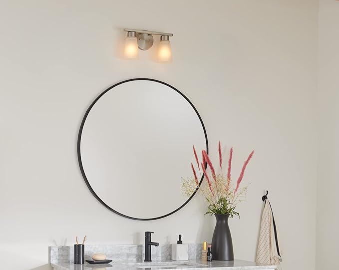 Kichler Stamos 2-Light Bathroom Vanity Light Fixture with Satin Etched Glass Shades, Modern Wall Mount in Brushed Nickel for Mirror Lighting (13 x 8 x 5 in), 45887NI