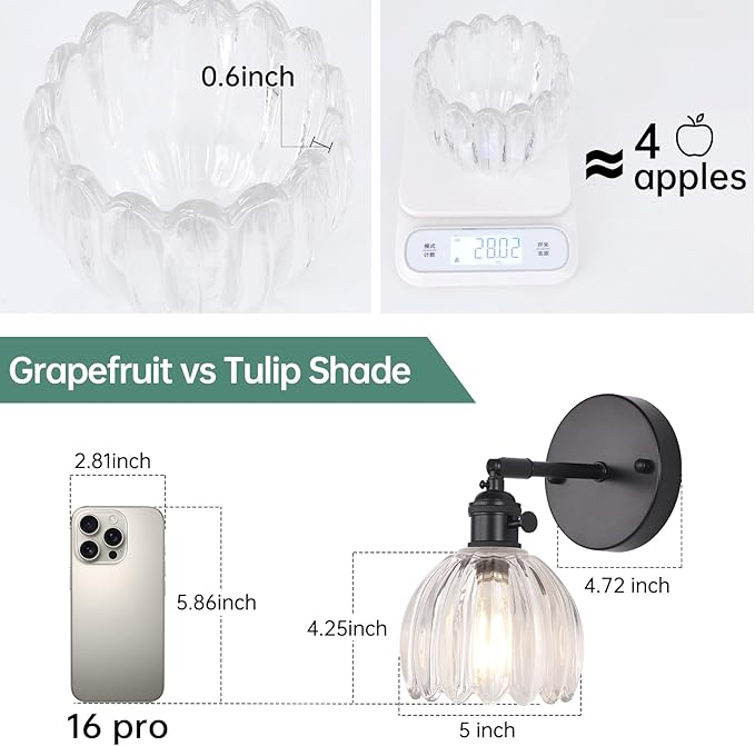 Shenmoyl Vintage Wall Sconce with Transparent Tulip Glass Lampshade 180 Degree Adjustable Black Sconce Hradwired Modern Wall Lighting Fixture with Switch for Bedside Bedroom Doorway