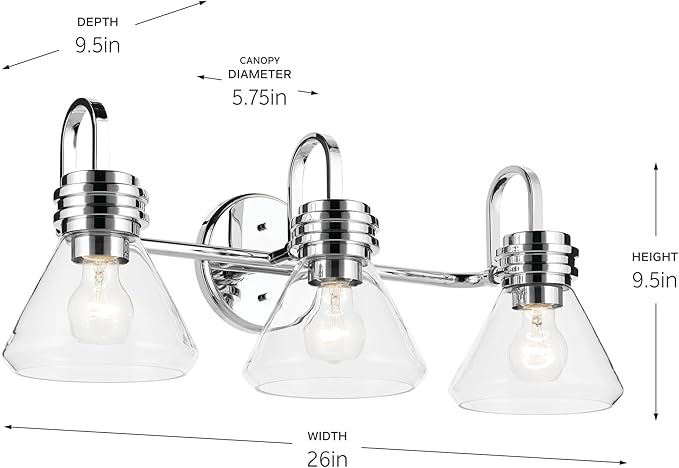 Kichler Farum 26" 3-Light Bathroom Vanity Light Fixture with Clear Glass in Chrome, Modern Wall Mount Over Mirror for Single or Double Vanity (26" W x 9.5" H), 55155CHCLR