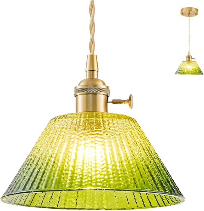 Vintage Pendant Lights Kitchen Island, Adjustable Brass Pendant Light Fixtures with Gradient Green Glass Shade, Gold Kitchen Pendant Lighting Over Island, Pendant Light for Dining Room Hallway