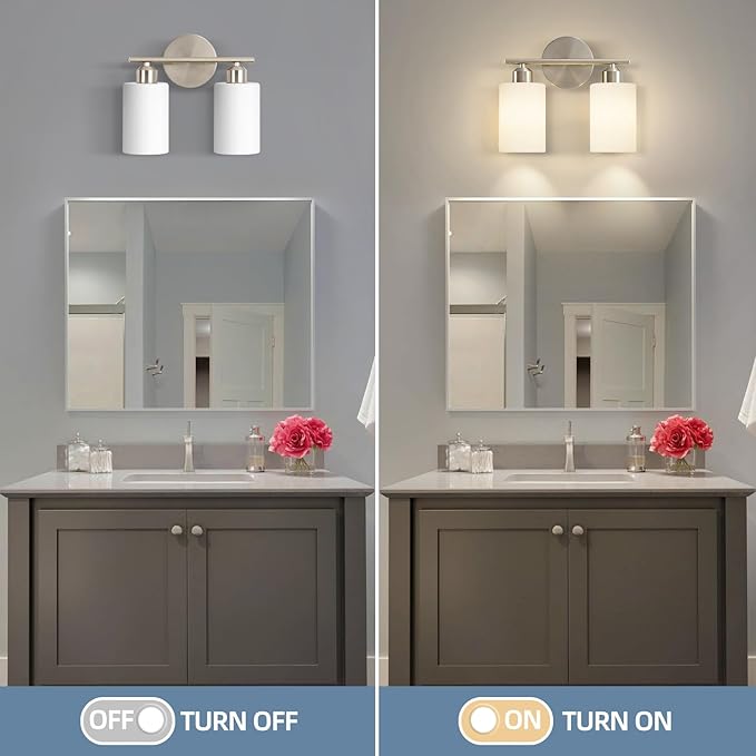 Brushed Nickel Wall Sconces Set of Two, 2-Light Modern Bathroom Light Fixtures, Wall Lamp with Milky White Frosted Glass Shades for Bathroom, Mirror, Bedroom, E26.
