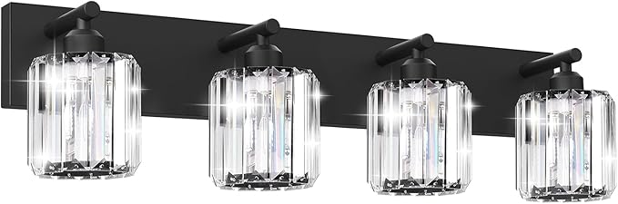 Black Crystal Bathroom Vanity Light, 4-Light Modern Bathroom Lighting Fixtures Over Mirror, Matte Black Wall Sconce Light Fixtures with Round Shade