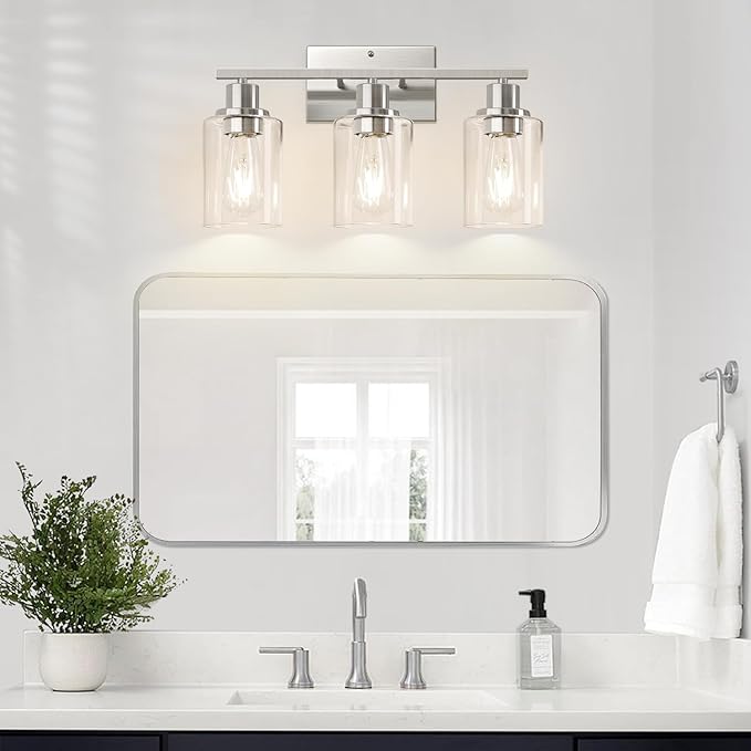Indoi 3-Light Bathroom Light Fixtures, Brushed Nickel Vanity Lights with Clear Glass Shades, Modern Bathroom Wall Lamp for Mirror Living Room Cabinet Bedroom Porch