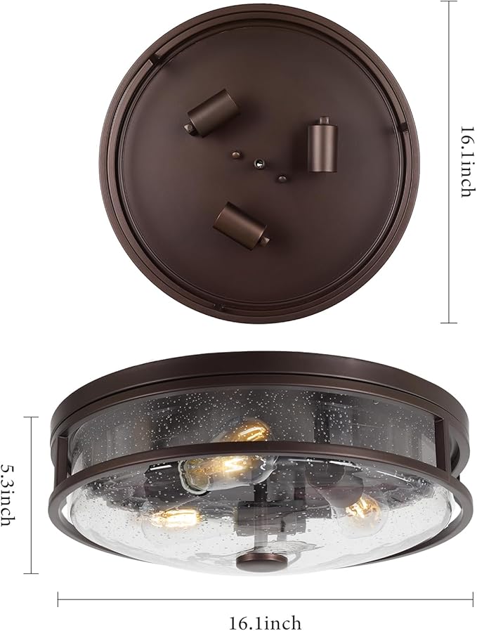 16 Inch Large Flush Mount Ceiling Light Fixture with Seeded Glass, Bronze Round Ceiling Lamp Shade, Modern Farmhouse Indoor Outdoor Ceiling Lighting for Kitchen Dining Living Room Foyer