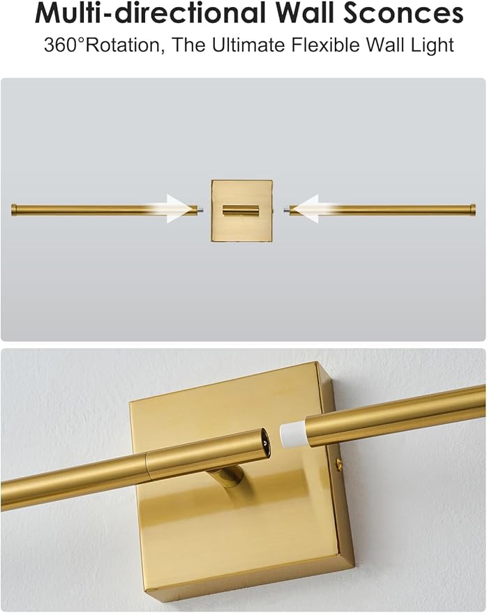 KARTOOSH 20.4 Inch Hardwired Wall Sconces Set of Two, 3000K Warm White Dimmable Modern Wall Sconces, 350° Rotate LED Light Fixtures Wall Lamp for Bathroom Living Room Bedroom Bedside, Brushed Brass