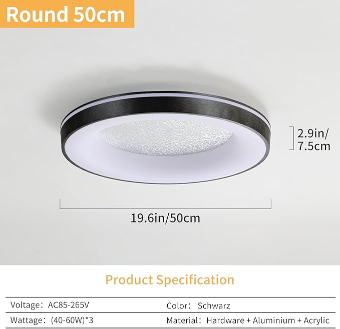 LED Flush Ceiling Light, 19in Black Round Ceiling Light Dimmable 3000K/4500K/6500K Color Recessed Lamp for Living Room, Bedroom, Office,Hallway