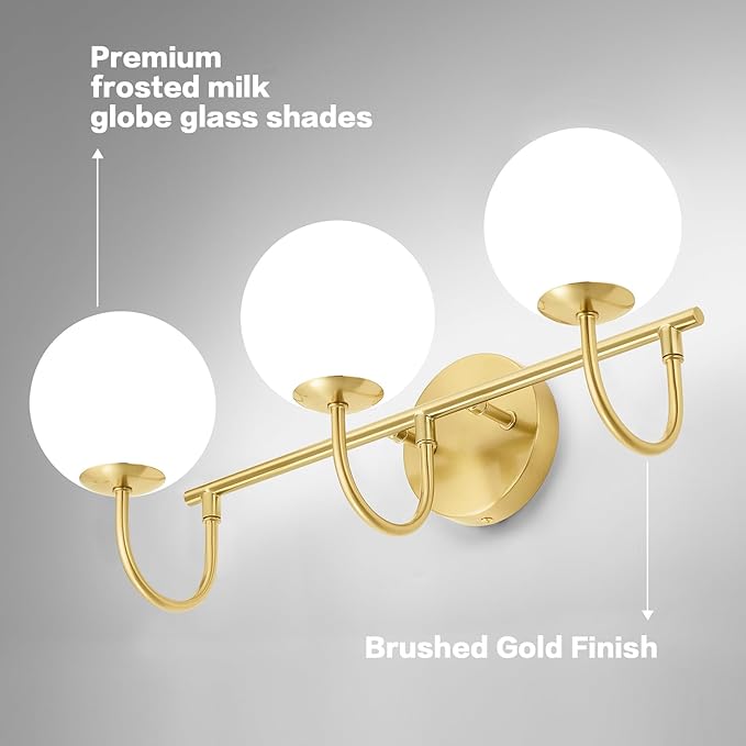 Gold Light Fixtures, 3-Light Over Mirror, Mid Century Modern Bathroom Vanity Lights Wall Sconces With Globe Frosted Milk Glass