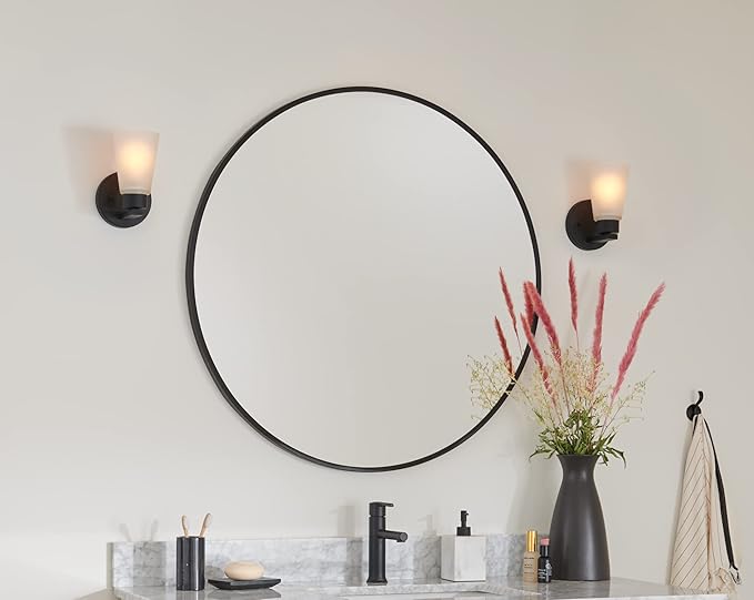 Kichler Stamos Wall Sconce 1-Light with Satin Etched Glass, Modern Bathroom or Hallway Light in Black, (8" H x 5" W x 6" D)