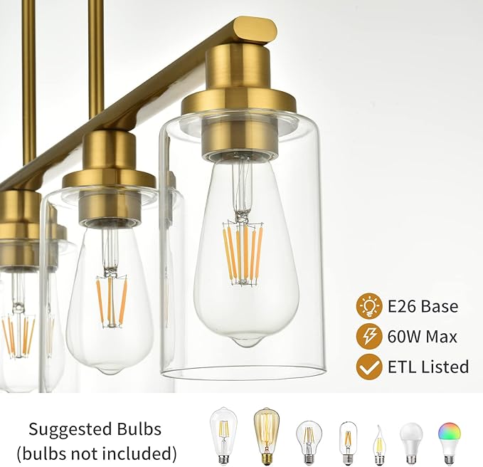 Kitchen Island Lighting, 5-Light Modern Dining Room Light Fixtures Over Table,Farmhouse Gold Linear Chandeliers for Dining Room, Industrial Pendant Lights Fixture with Clear Glass Shade