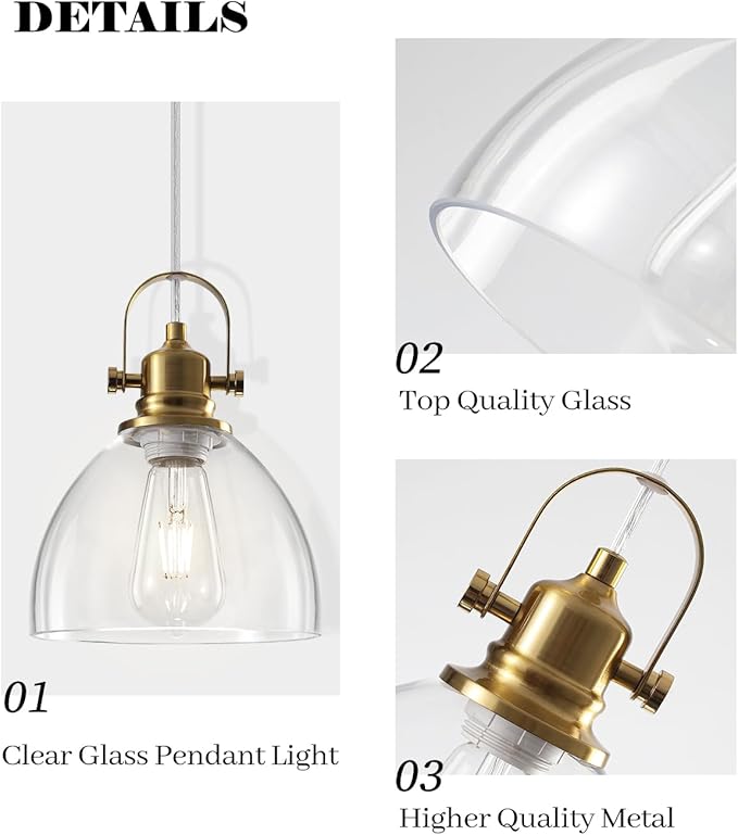 Glass Pendant Lights Kitchen Island 3 Packs, Gold Kitchen Pendant Lighting Over Island, 7.5 inch Modern Kitchen Island Pendant Lights, Farmhouse Pendant Light for Kitchen, Bedroom, Bathroom