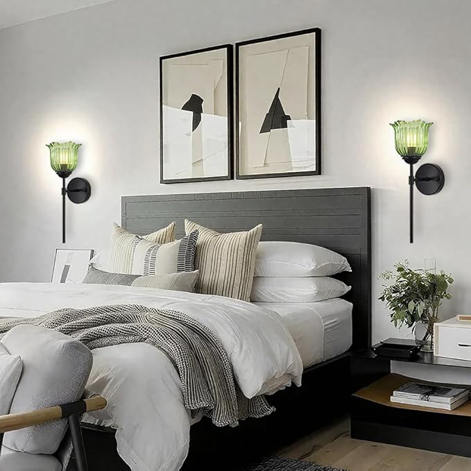 Black Wall Sconces, Farmhouse Wall Lights with Green Glass Flower Shade, Hardwired Wall Mount Light Fixtures for Living Room, Bathroom, Bedroom, Hallway, 2 Pack