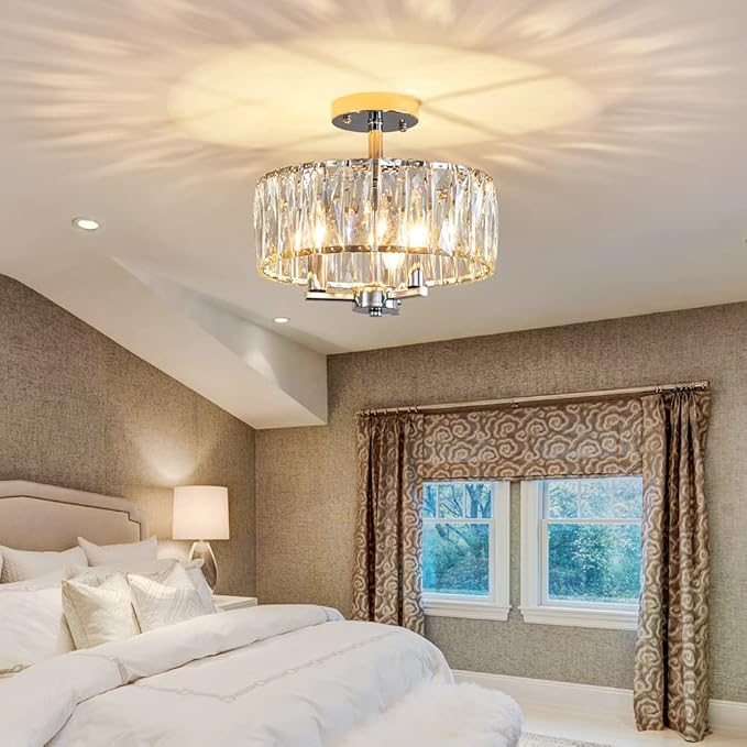 AGV LIGHTING CL003F K9 Crystal Ceiling Light Fixture, Modern Semi Flush Ceiling Lights, Perfect for Living Room, Bedroom, Dining Room, D13 x H15, 3-Light Chrome Finish