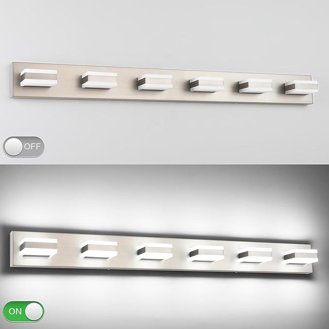 SOLFART Bathroom Vanity Lights, Brushed Nickel Light Fixtures for Bathroom Above Mirror, 6 Light Led Vanity Lighting,5 Color Temperature Adjustable,Bath Lighting Fixture Nickel