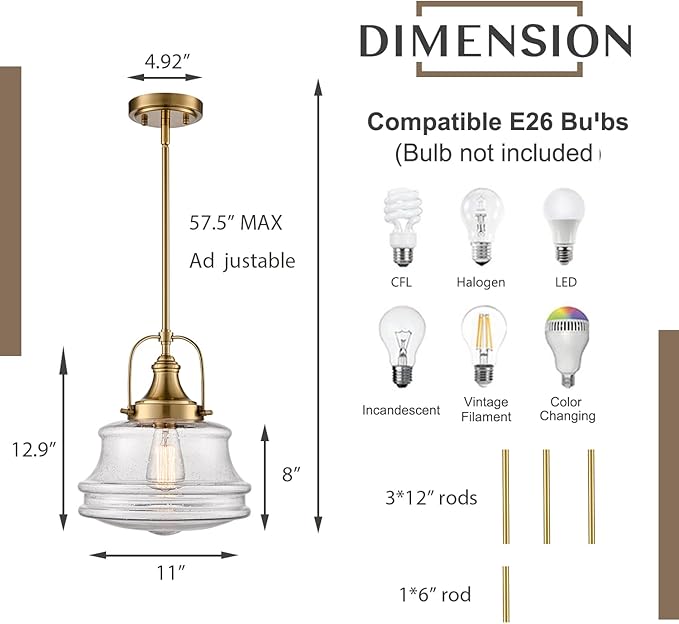 DEYNITE Modern Gold Kitchen Pendant Light Seeded Glass Shade-Rod Hanging Nautical Schoolhouse Dimmable Light for Dining Room Bathroom Hallway