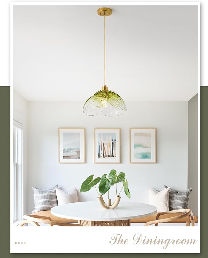 Vintage Gradient Green Pendant Light,Bronze Pendant Lighting Fixture with Handmade Leaf Glass for Bedroom,Kitchen,Hallway,Entryway