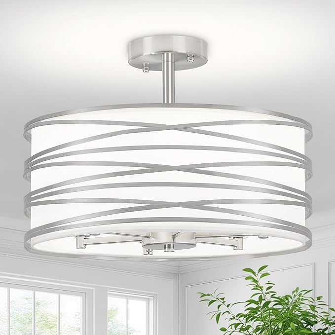 TOULMJ 6-Light Semi Flush Mount Ceiling Light, 16.53‘’ Brushed Nickel Drum Chandelier with White Fabric Shade, Modern Farmhouse Dimmable Light Fixtures for Kitchen Laundry Hallway Dining Room Foyer