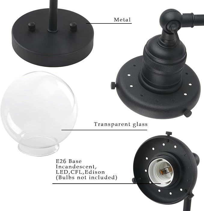 Phansthy 1-Light Wall Sconce, Brass Boho Bathroom Vanity Light, Modern Wall Light with Globe Glass Shade E26 Base, Adjustable Wall Lighting Fixtures for Bedroom, Living Room (Black, Clear Shade)
