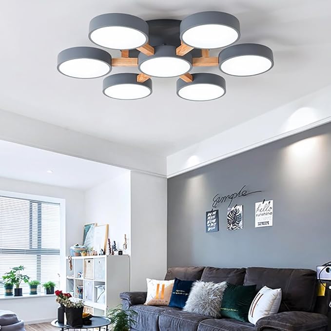 LED Ceiling Light Fixture,32 Inch 7-Lights Modern Ceiling Lights Flush Mount Wooden 84W Chandelier for Living Room Bedroom Kitchen,Dimmable 3000K/4000K/6000K Temperatures Selectable, Grey