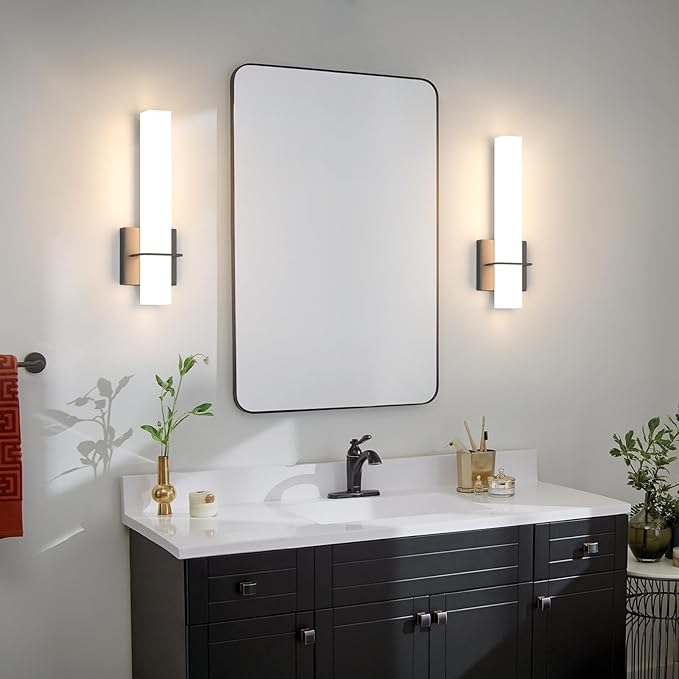 15.7inches Modern Led Wall Sconces,18W 3000K 1200Lumen Bathroom Vanity Wall Lights with White Acrylic Lampshade,Indoor Hardwired Wall Lamp for Bedroom Living Room(Black,2-Pack)
