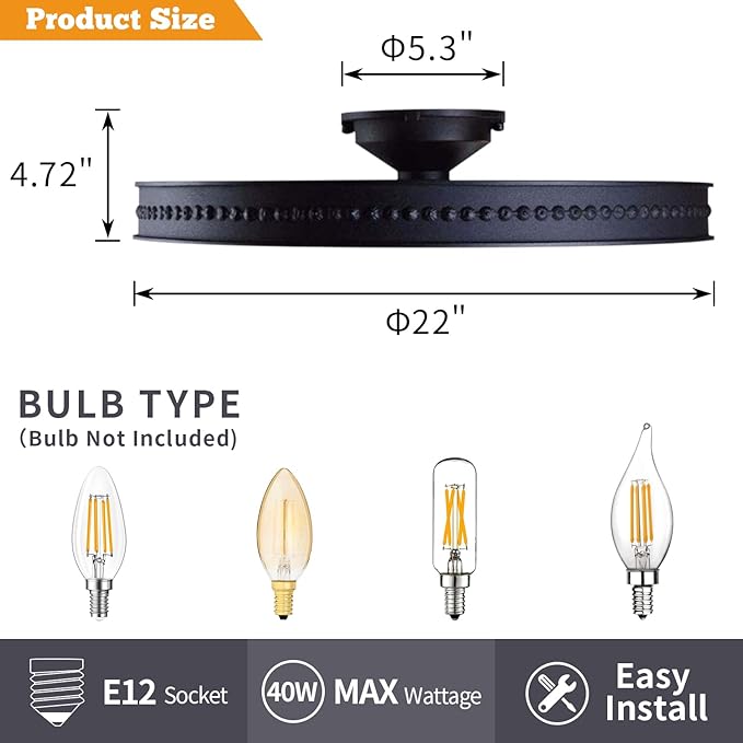 Ceiling Light Fixture Flush Mount Ceiling Lamp Black Farmhouse Chandelier Industrial Rustic Light fixtures Pendant Lighting 8-Light E12 Kitchen Lighting