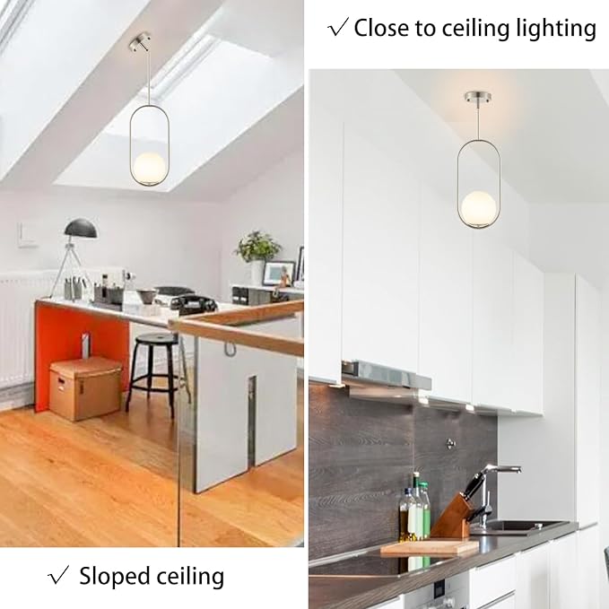 BYOLIIMA Modern Globe Pendant Light Brushed Nickel Chandelier 1-Light Mid Century Ceiling Hanging Lighting Fixture White Globe Glass Shades for Kitchen Island Dining Room Bedroom (2 Pack)