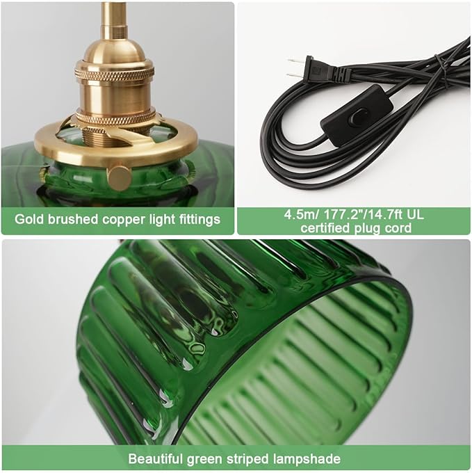 Plug in Pendant Light Green Glass Pendant Lamp Striped Glass Shade Vintage Plug in Ceiling Hanging Lamp 1-Light with Plug in Cord Swag Ceiling Light for Kitchen Island Living Room