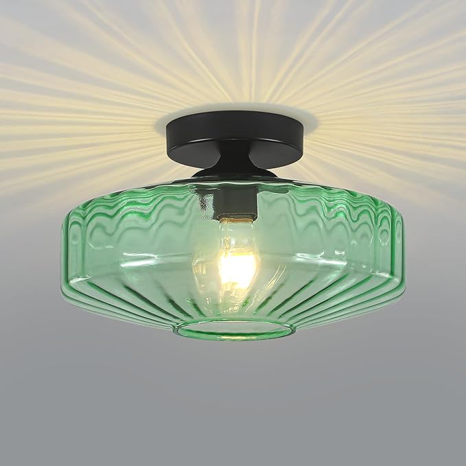 Semi Flush Mount Ceiling Light, 11.8" Vintage Green Glass Ceiling Lights, 1-Light Mid Century Modern Drum Close to Ceiling Light Fixtures for Bedroom Kitchen Entryway Hallway Porch Foyer
