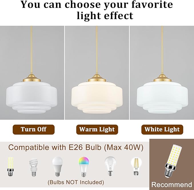 Milk Glass Pendant Light 14” Mid Century Modern Pendant Lighting Fixture With Gold Metal Vintage Schoolhouse Chandelier For Dining Room Kitchen Island Living Room Bedroom, Adjustable Height (E26)