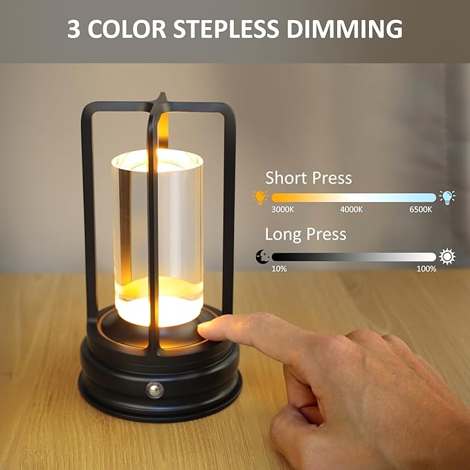 Cordless Table Lamp - 1 Pack Rechargeable 2000mAh Battery Operated LED Lamp with 3-Color Stepless Dimming, Touch Control, for Dining Room, Bedroom, Bar, Restaurant, Patio & Camping, Black