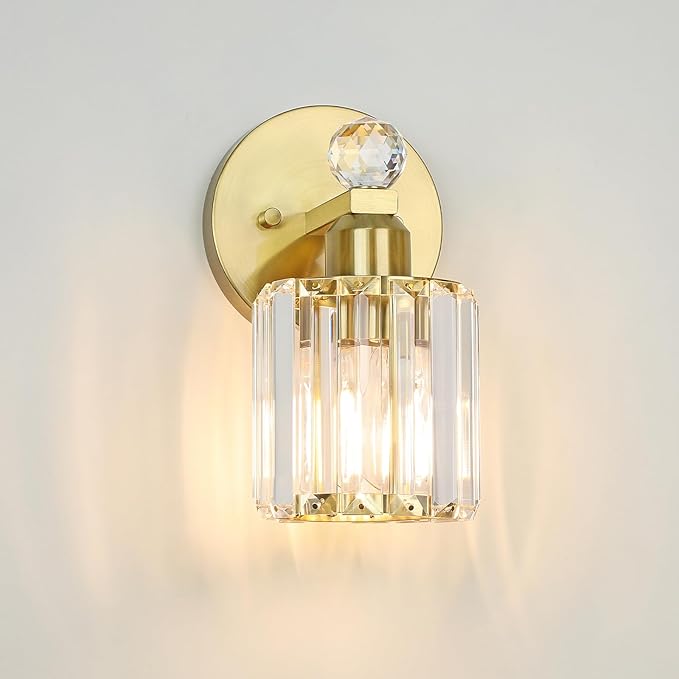 1-Light Gold Bathroom Light Fixtures,Modern Bathroom Vanity Lights Fixture with Clear Crystal Glass Shade,Gold Bath Wall Mount Lights, Light Fixtures for Bedroom Living Room