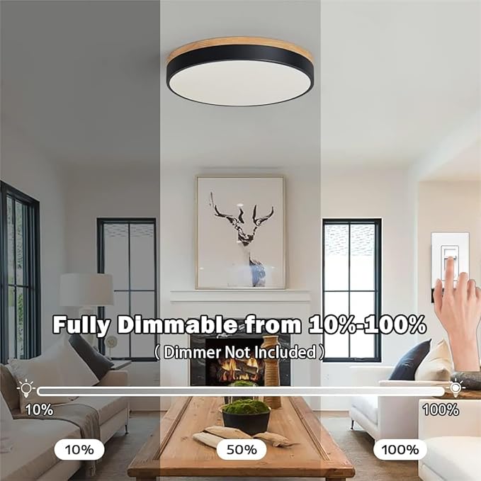 Modern Wood Flush Mount Ceiling Light, Black LED 5CCT 2700K-6000K Dimmable Ceiling Light Fixtures, Round Close to Lighting Fixture for Kitchen Living Room Dining Room Bedroom-15.8in