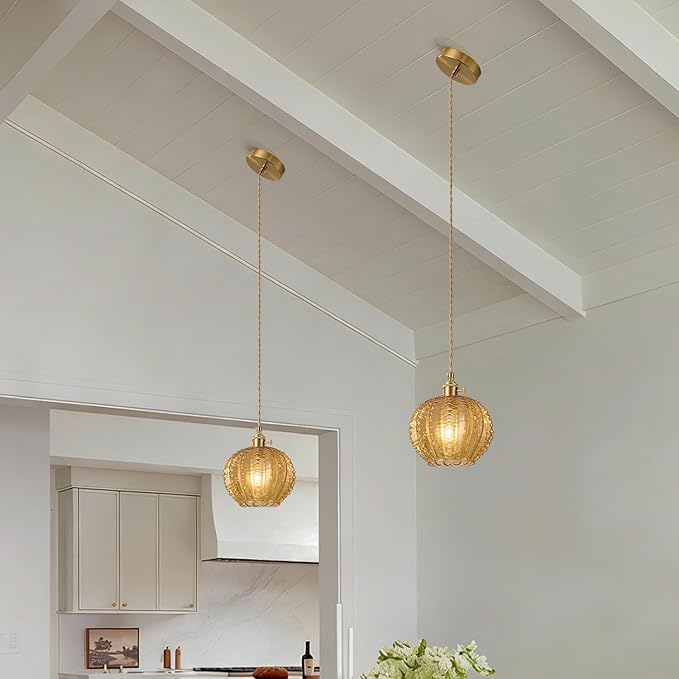 Amber Glass Pendant Light Fixtures,Vintage Antique Champagne Gold Pendant Lights Mid Century Modern Pendant Lights Suitable for Kitchen Island Dining Table Bedroom Bathroom and Above the Sink