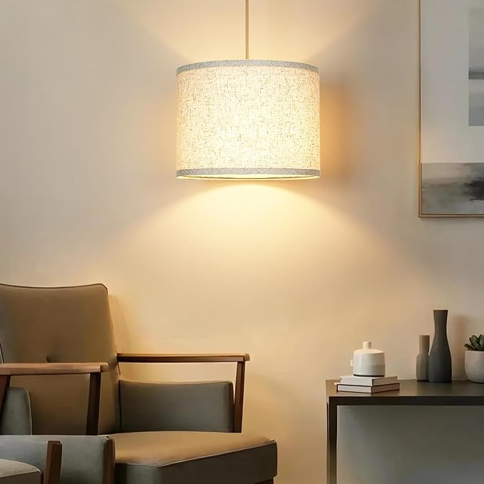 Qingmiao Boho Plug in Pendant Light, Hanging Lamp Plug in with Fabric Linen Shade, 3-Way Dimmable Hanging Light Fixture for Living Room Bedroom Kitchen Ceiling Farmhouse Home Decor