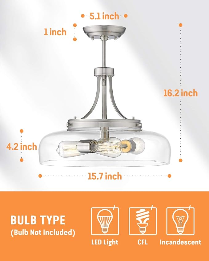EAPUDUN 3-Light Farmhouse Semi Flush Mount Ceiling Light Fixture, Modern Pendant Light, Brushed Nickel with Clear Glass Shade, SMA1126-BNK