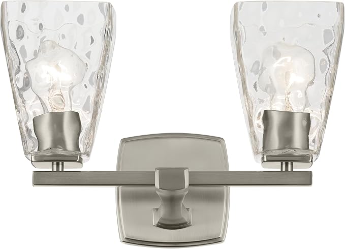 Kichler Marant 2-Light Bathroom Vanity Light Fixture with Clear Water Glass in Brushed Nickel, Modern Wall Mount Light for Bathroom Over Mirror (14.25 in x 9.5 in), 55215NIWTR