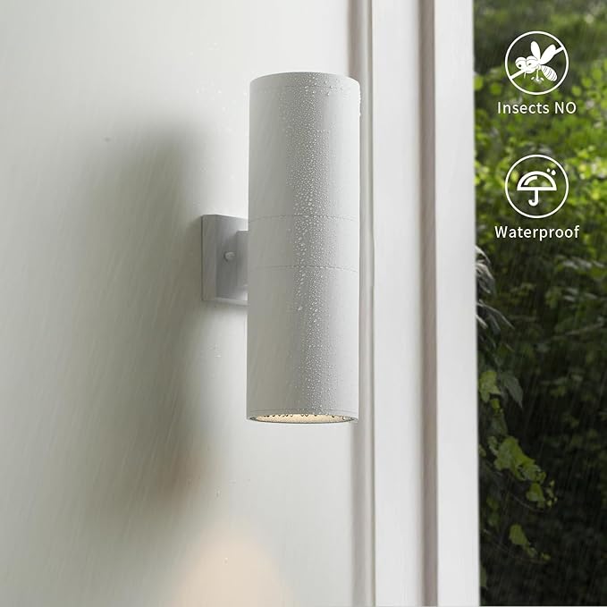 mirrea 18" Modern Outdoor Porch Light Patio Light in 2 Lights with Aluminum Cylinder and Tempered Glass Cover Waterproof Wall Sconce 2 Pack (Matte White)