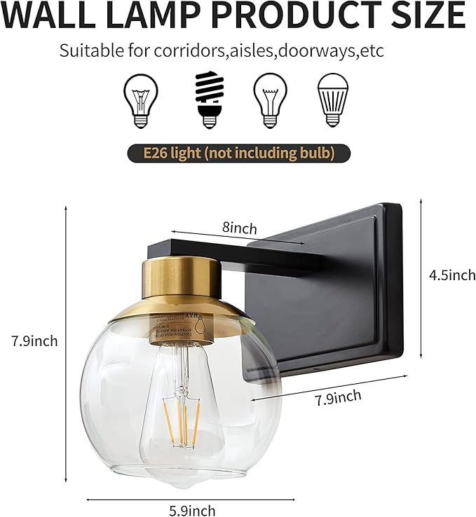Bathroom Sconces Set of 2, Black and Gold Wall Sconces Set of Two, Bathroom Vanity Light with Clear Glass Shade, Modern Wall Light Fixtures for Bath Mirror Hallway Bedroom Living Room, Hardwired