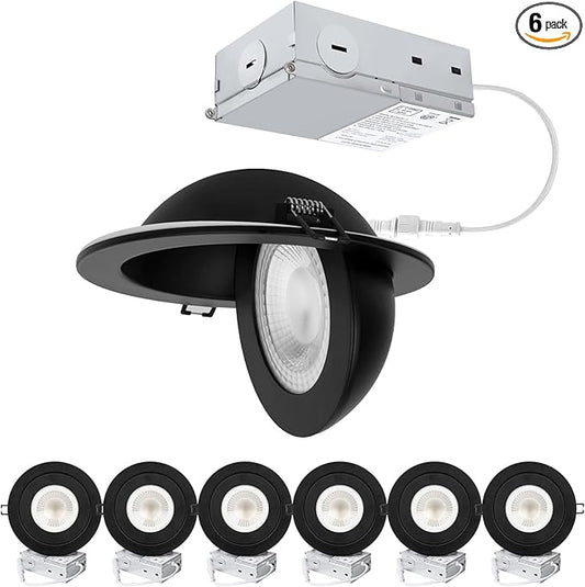 POPANU Recessed Lighting 6 inch - 12W Gimbal Light Eyeball Sloped Ceiling Recessed Spotlight 1300lm Black Trim 90° Tilt Swivel Soffit Wafer Lights 5CCT Adjustable Indoor Dimmable Black 6 inch 6 Pack