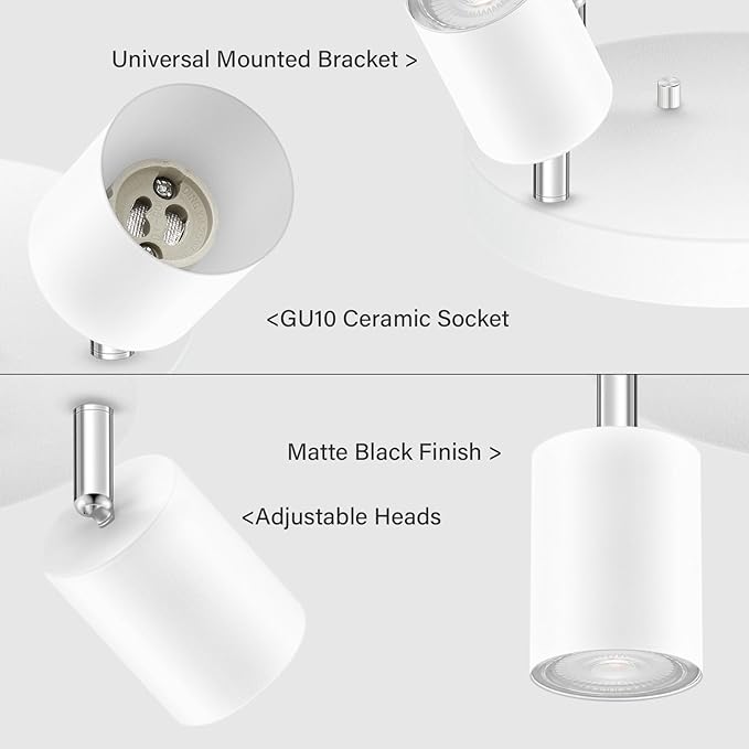 LED 4 Light Track Lighting Kit, LED Track Lighting Fixtures, White Round Ceiling Spot Lighting, Flexibly Rotatable Light Head for Kitchen, Living Room, Bedroom, GU10 Bulb Not Included