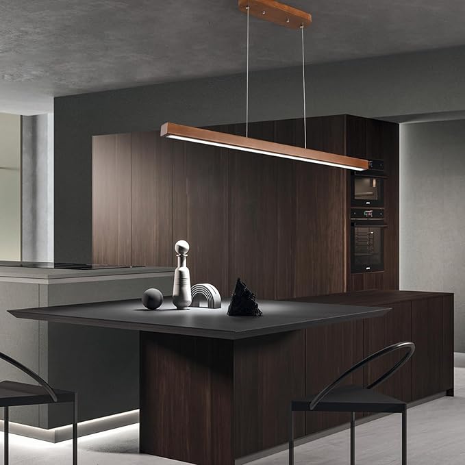 YISDESIGN 39" Wood Linear Pendant Light Modern LED Dimmable Ceiling Hanging Light Fixture Wood Linear Chandeliers 24w for Dining Room Kitchen Island Pool Table Bar Walnut Color (with Remote Control)