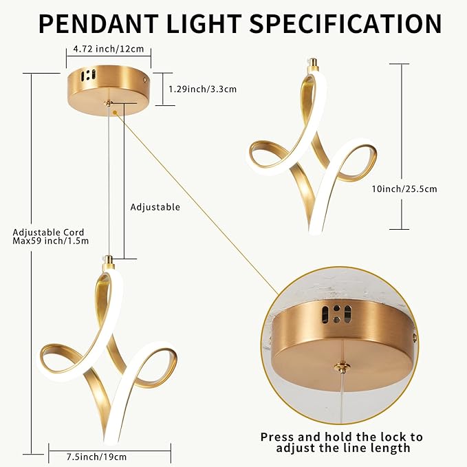 2 Packs Modern Led Pendant Light 5500K Cold White Kitchen Island Pendant Light Fixtures Adjustable Height Led Pendant Lamp for Kitchen Island Dining Room Hanging Light, 2 Packs (Gold)