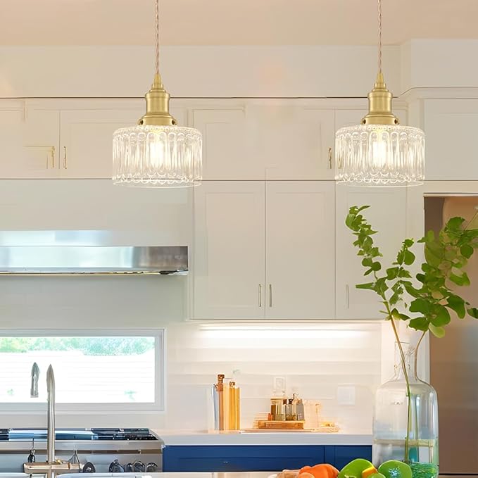 Vintage Pendant Light Set of 2, Brushed Gold Pendant Lights Kitchen Island with Clear Glass, Brass Kitchen Island Light Adjustable Hanging Light for Entrance Living Room Bathroom Dining Room Hallway
