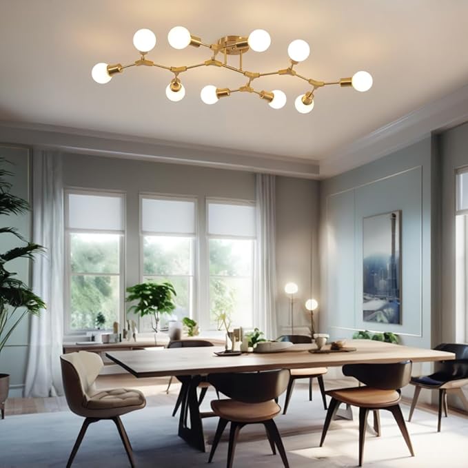 Mid Century Modern 10 Light Semi Flush Mount Ceiling Lighting Fixture for Dining Room Living Room Bedroom Kitchen Office,Metal Gold Long Bright Large Sputnik Chandelier