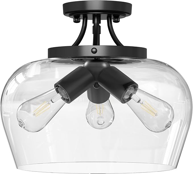 VONLUCE Semi Flush Mount Ceiling Light, 13.8" Ceiling Light Fixture with Clear Glass Shade, E26 Base, 3-Bulb Industrial Lighting Fixture for Hallway Entryway Bedroom, Matte Black, ETL Certificated